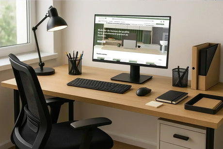 Bureau moderne et ergonomique avec chaise confortable, lampe de bureau et accessoires de rangement pour une rentrée organisée