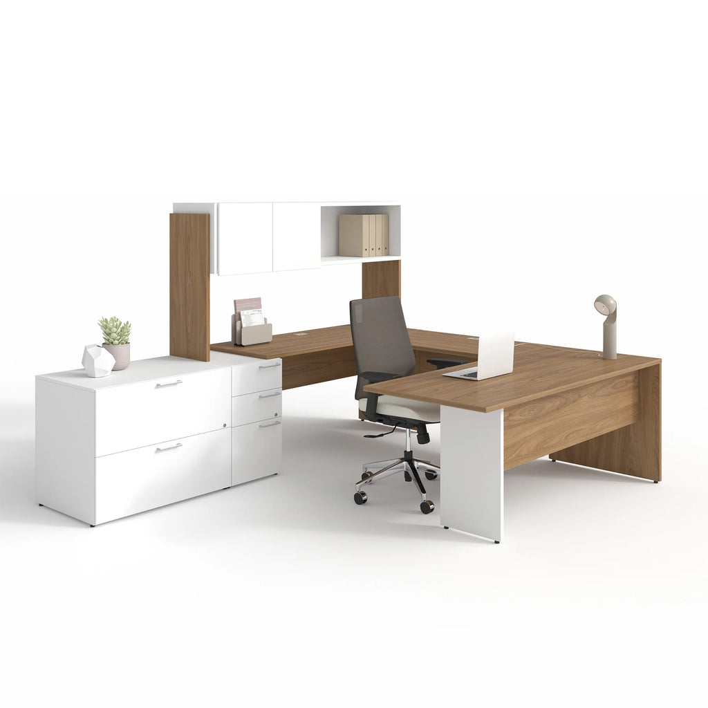 Bureau en U, couleur Acacia/Neige - Concept C.A.
