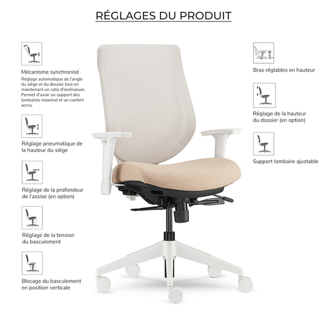 Chaise de bureau blanche avec dossier en maille Youtoo