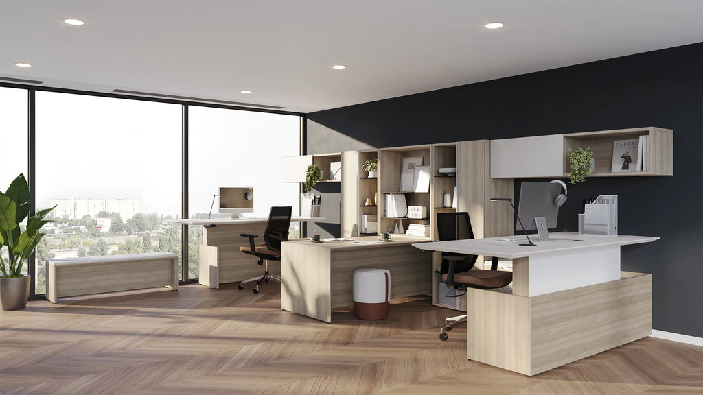 Ensemble de bureaux ajustables en hauteur rangement et coin rencontre - Collection Nex