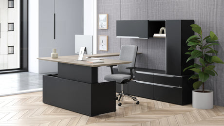 Bureau en L, ajustable en hauteur avec rangement arrière - Nex