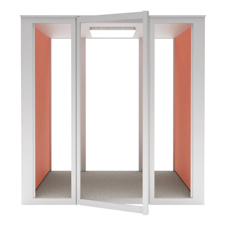 Cabine acoustique Island 4B pour 4 personnes, vue frontale vide avec panneaux orange