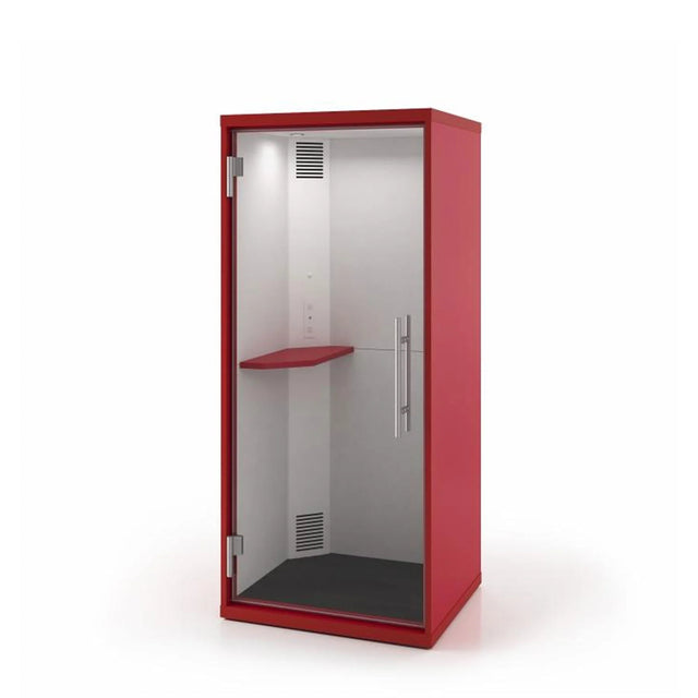 Cabine acoustique OneZone de Spec Furniture avec fini rouge et intérieur blanc, vue studio