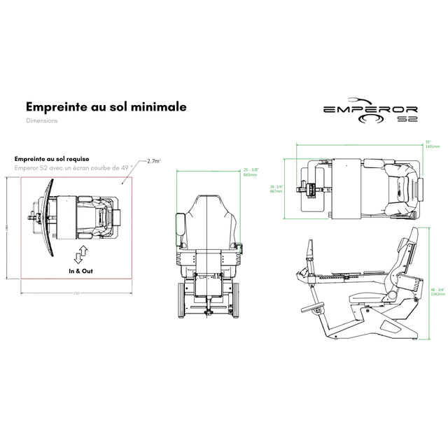 Schéma technique de l’Emperor S2 illustrant l’empreinte au sol minimale requise avec écran courbe de 49 pouces, dimensions en mm et configuration In & Out.