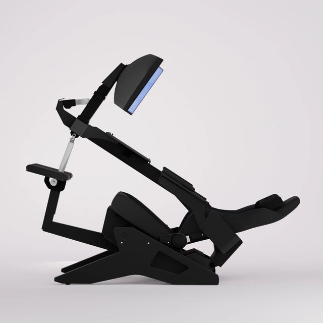 Vue latérale du poste de travail Emperor S2 noir en position zéro-gravité avec support écran intégré et repose-jambes incliné.