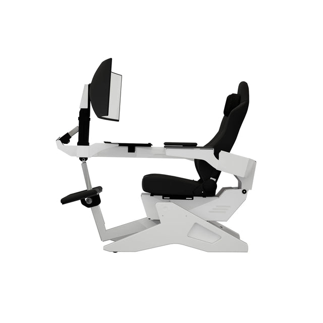 Vue latérale du poste de travail Emperor S2 en finition blanc alpin avec siège ergonomique et support écran intégré.
