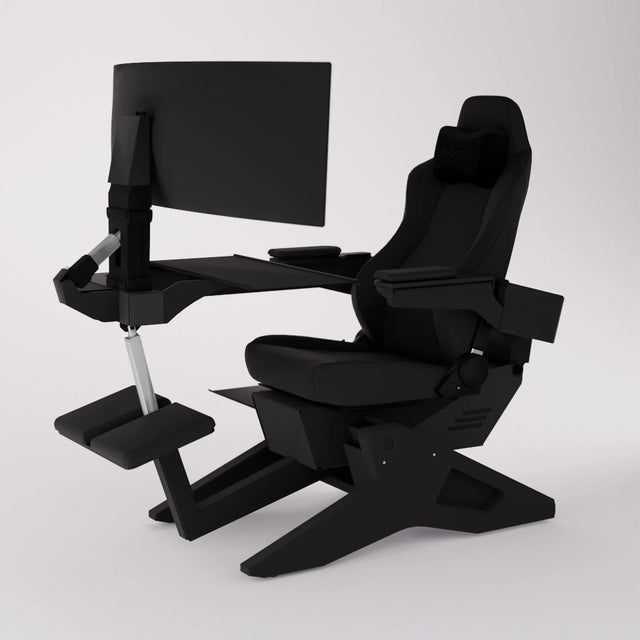 Vue en angle du poste de travail Emperor S2 en finition noire, avec écran central et accoudoirs ergonomiques.