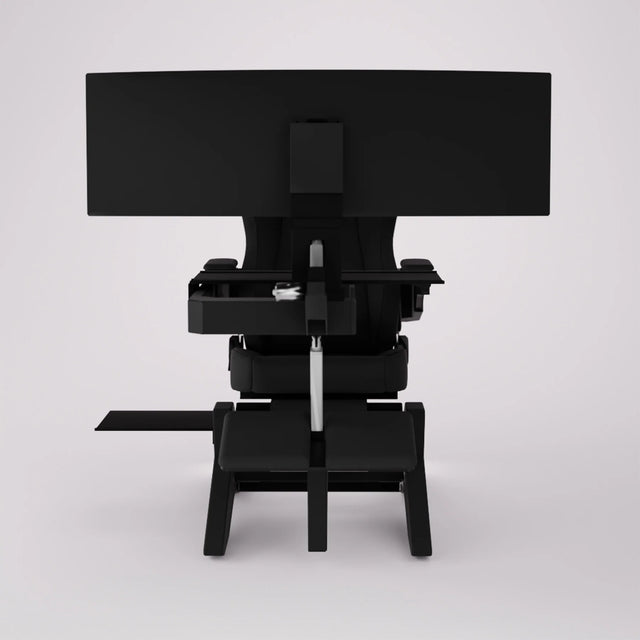 Vue de face du poste de travail Emperor S2 avec écran central, repose-jambes et tablette de clavier, en finition noire.