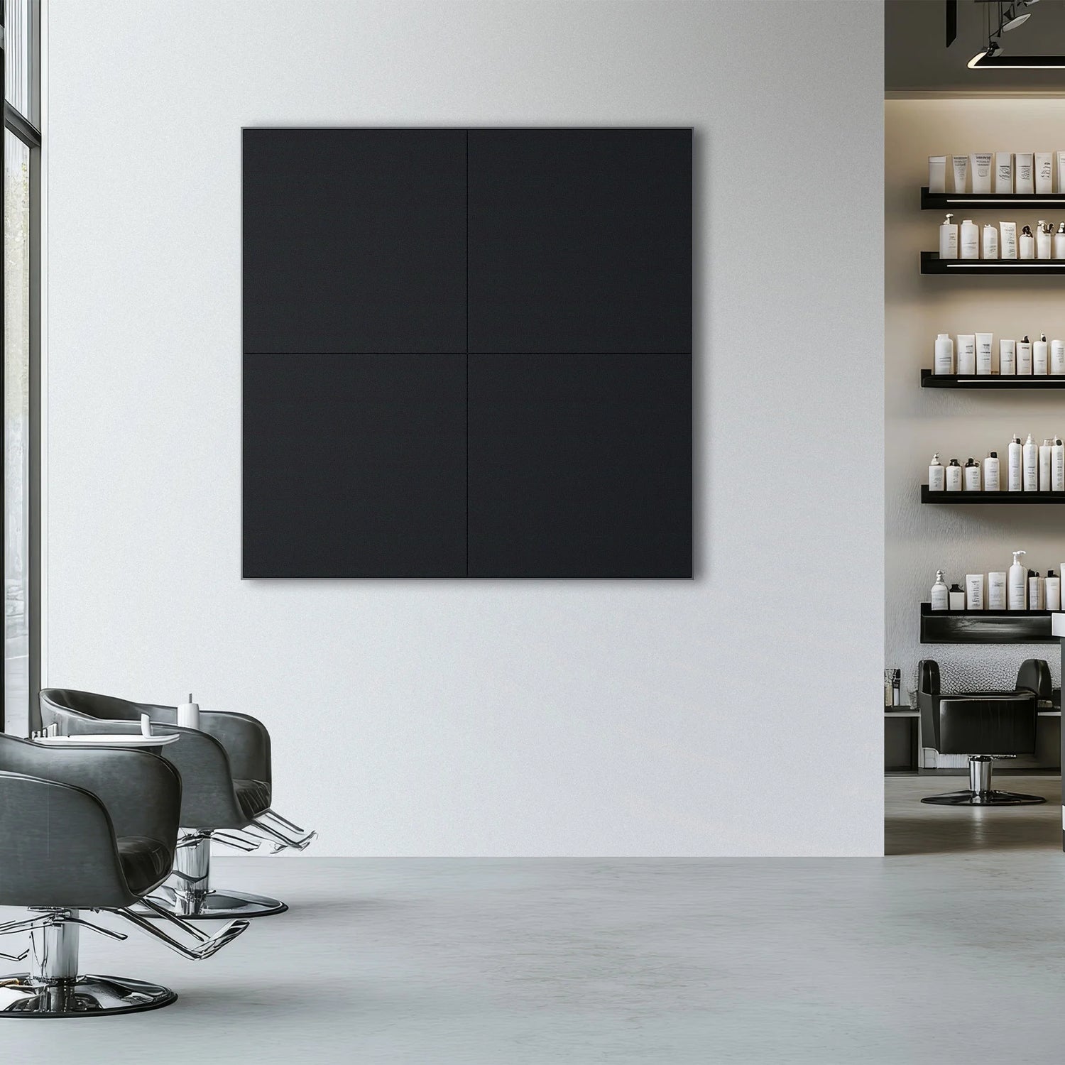 Panneau acoustique noir Silensio modèle Zen dans un salon professionnel