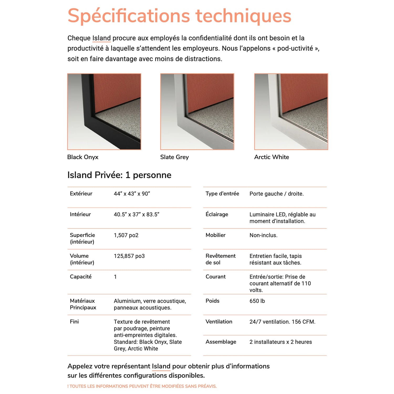 Spécifications techniques de la cabine acoustique Private Island
