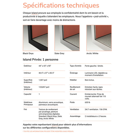 Spécifications techniques de la cabine acoustique Private Island