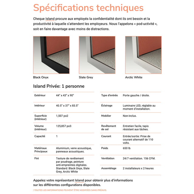 Spécifications techniques de la cabine acoustique Private Island