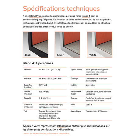 Spécifications techniques détaillées de la cabine acoustique Island 4
