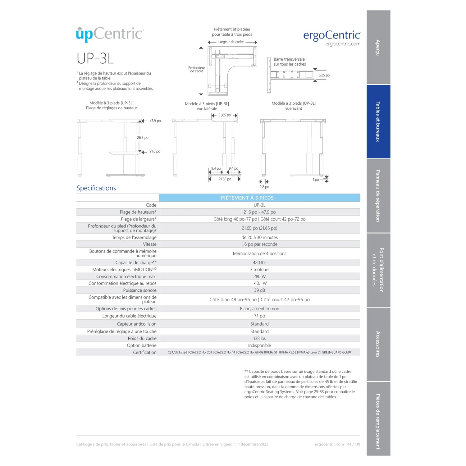 Base électrique en L, ajustable en hauteur de 21,6" à 47,9"H - upCentric 3L