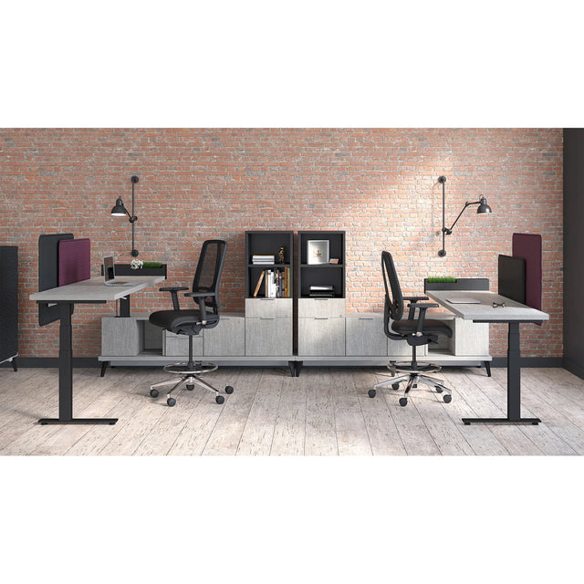 Ensemble de 2 postes de travail en L avec rangements, réglage électrique de la hauteur et plates-formes électrifiées - Série Stad