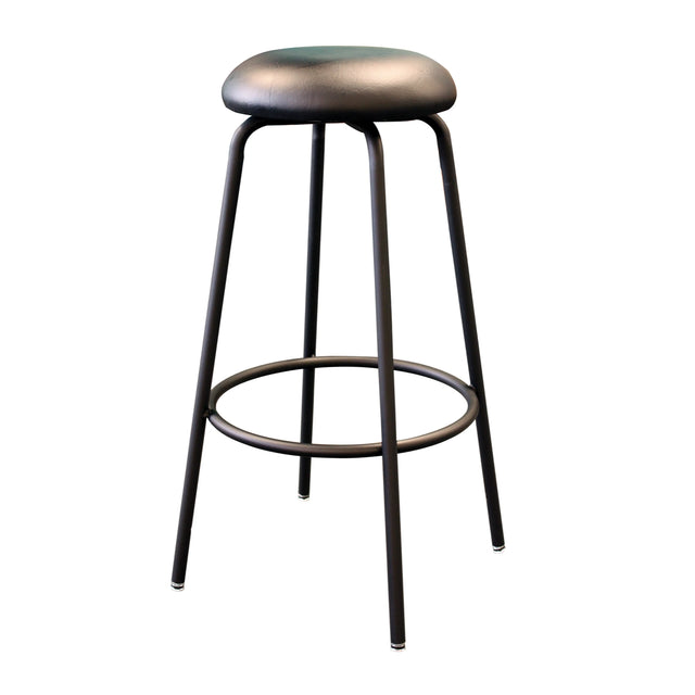 Shoptech 082 industrial stool by Horizon Furniture with a black padded seat and circular footrest.