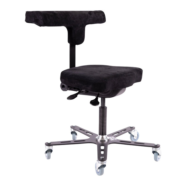 Chaise Synetik VEGA-T Soudure à revêtement noir, avec appui thoracique et dorsal en T et base métallique à roulettes.
