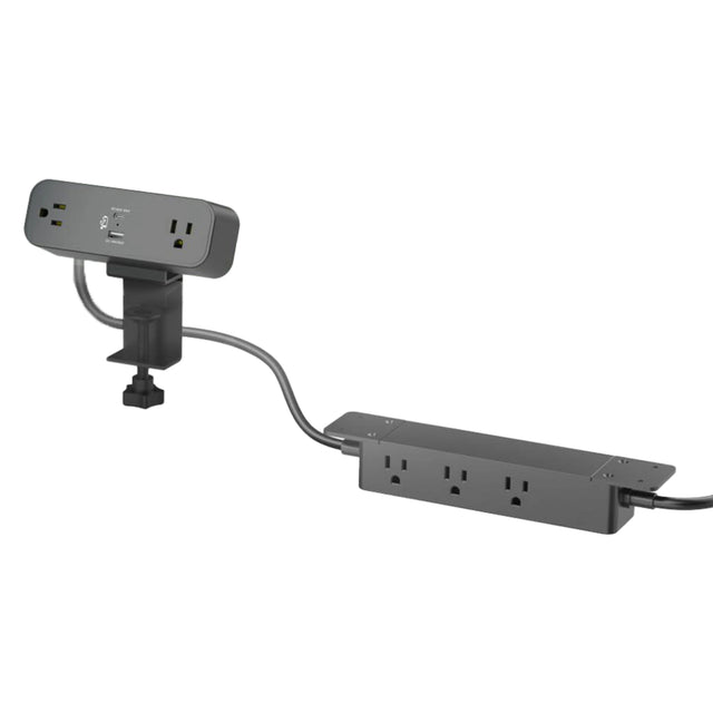 Black Workstation Power Combo with clamp-on desktop power dock and under-desk power bar