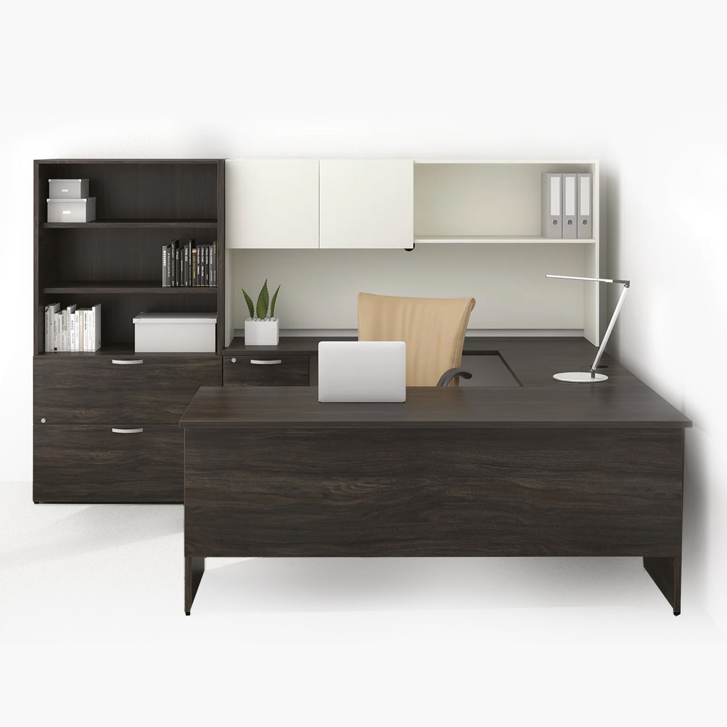 Bureau en U avec étagère et bibliothèque/classeur, Concept 300