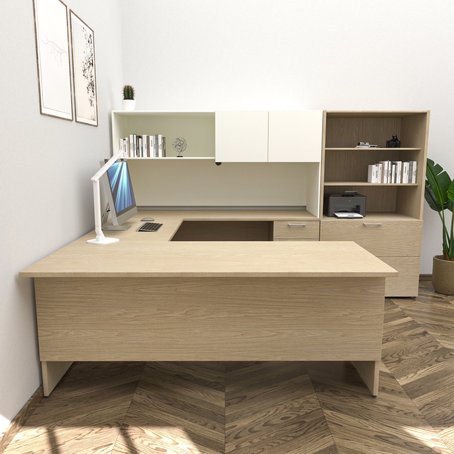 Bureau en U avec étagère et bibliothèque/classeur, Concept 300