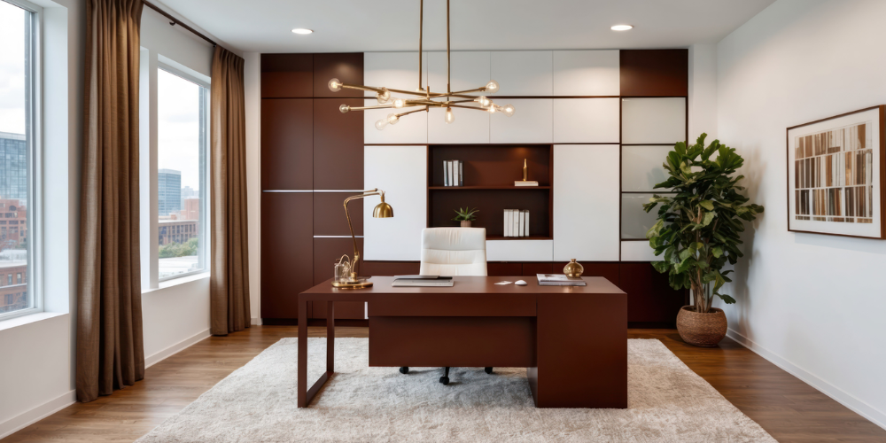 Bureau moderne avec mobilier sculptural, bois naturel et intégration de la nature selon tendances 2026