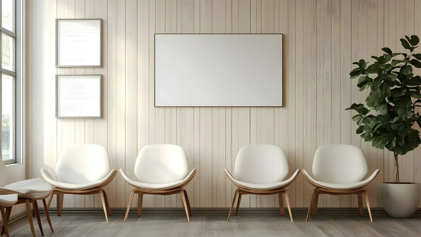Salle d’attente moderne offrant une expérience client confortable et immersive avec design chaleureux
