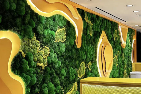 Mur végétal intérieur avec mousse stabilisée ByNature installé dans un espace de bureau moderne, design biophilique sans entretien.