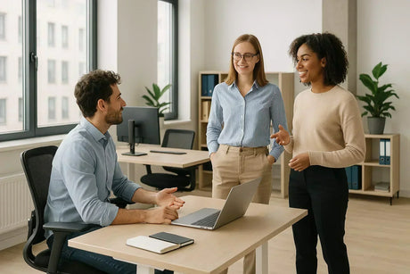 Employés en pleine discussion dans un bureau moderne avec mobilier ergonomique