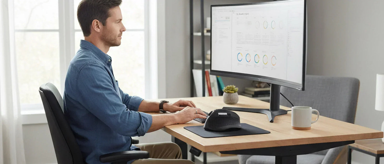 Un homme assis à son bureau qui est adapté en hauteur pour lui