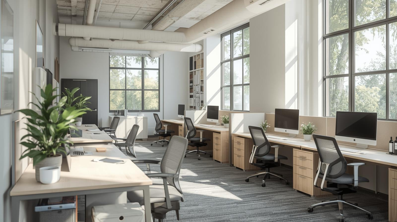 Bureau moderne lumineux avec éclairage naturel et artificiel pour travailler en automne