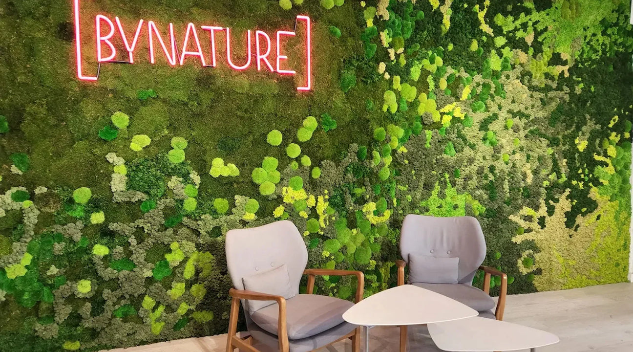 Mur végétal stabilisé ByNature installé dans un espace de bureau moderne, alliant nature et productivité.