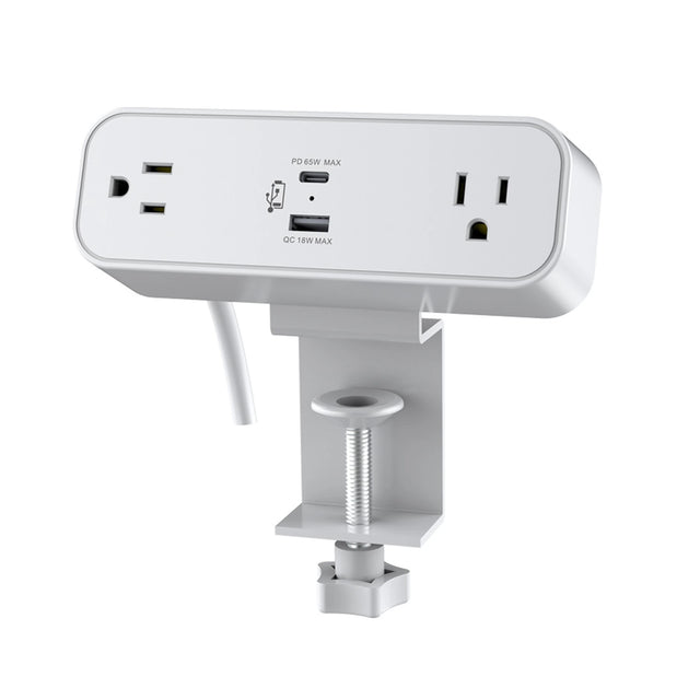 White ergoCentric Dual Mount Power Dock with clamp for above-desk installation
