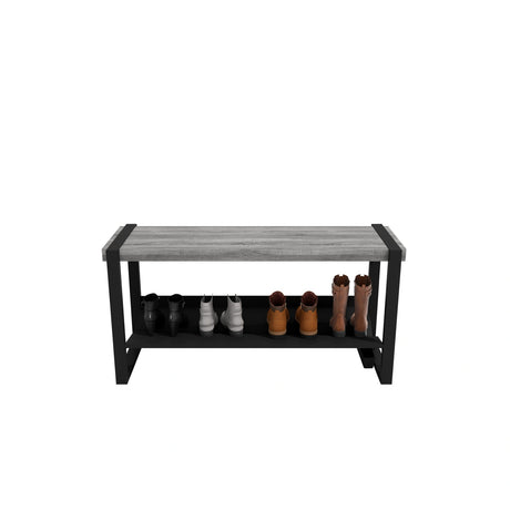 Banc d’entrée Moderno Rakabot gris béton, 43 po, avec chaussures sur la tablette.