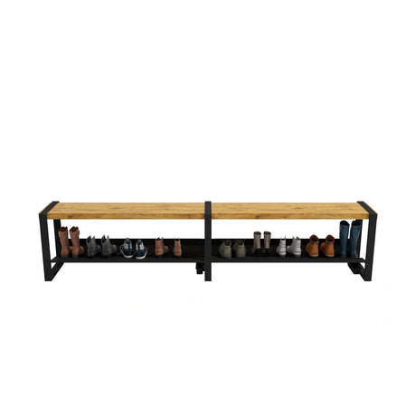 Banc d’entrée Moderno Rakabot miel, 100 po, avec chaussures sur la tablette.