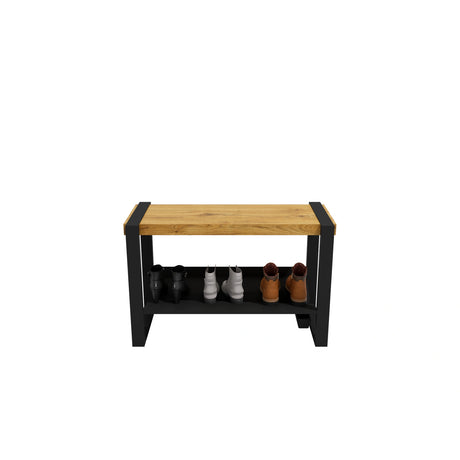 Banc d’entrée Moderno Rakabot miel, 34 po, avec chaussures sur la tablette.