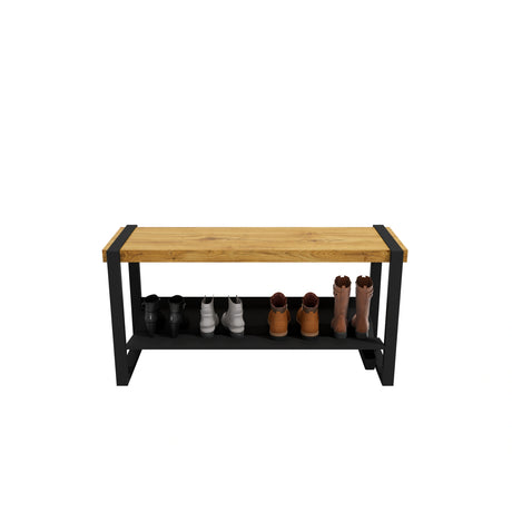 Banc d’entrée Moderno Rakabot miel, 43 po, avec chaussures sur la tablette.