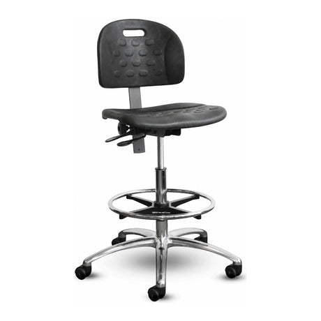 Tabouret ESD Shoptech 2000ESD-14-SKE Horizon Furniture en polyuréthane noir, avec repose-pieds chromé et base en aluminium poli.