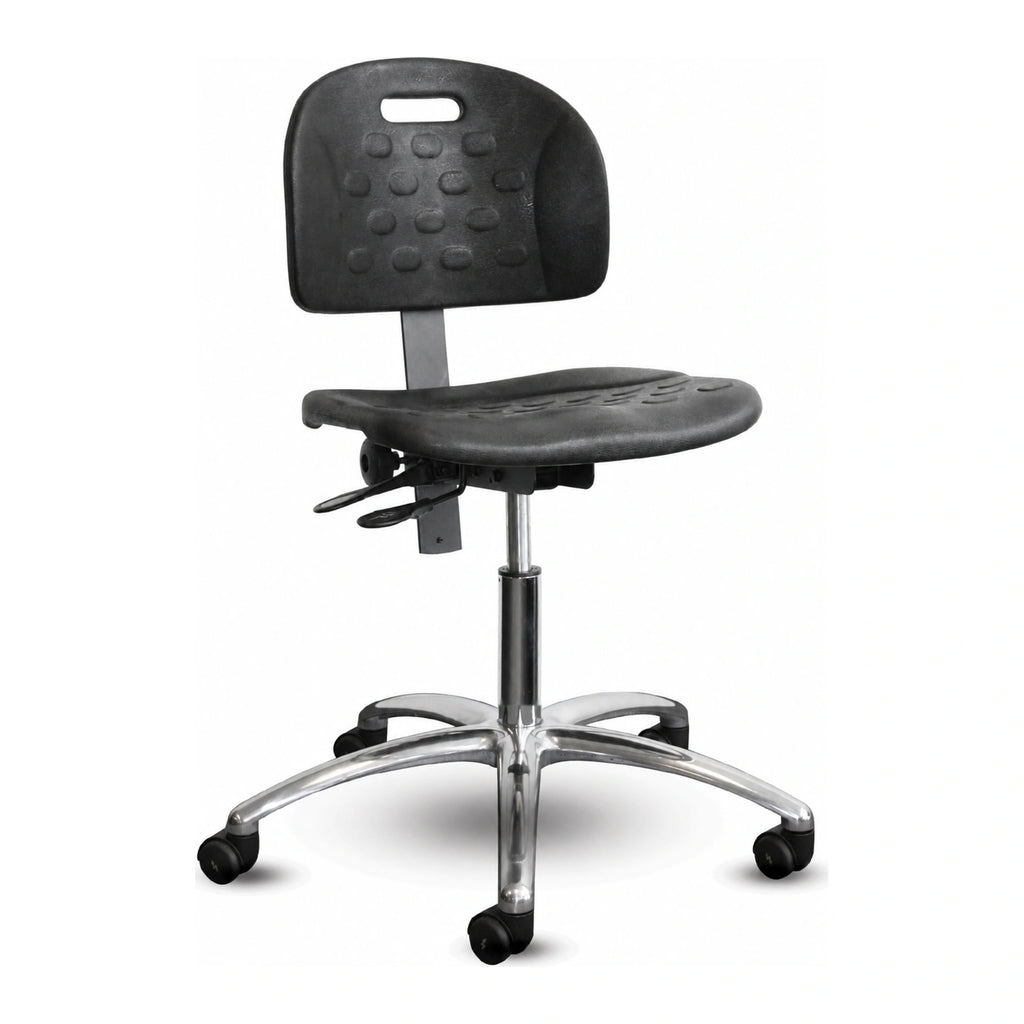 Chaise ESD Shoptech 2000ESD-14 Horizon Furniture en polyuréthane noir, sans accoudoirs, avec base en aluminium poli.