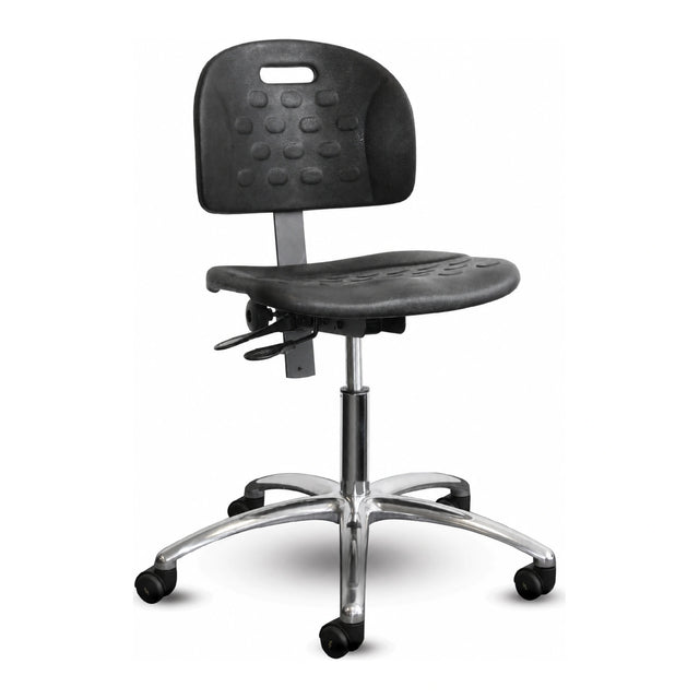 Chaise ESD Shoptech 2000ESD-14 Horizon Furniture en polyuréthane noir, sans accoudoirs, avec base en aluminium poli.