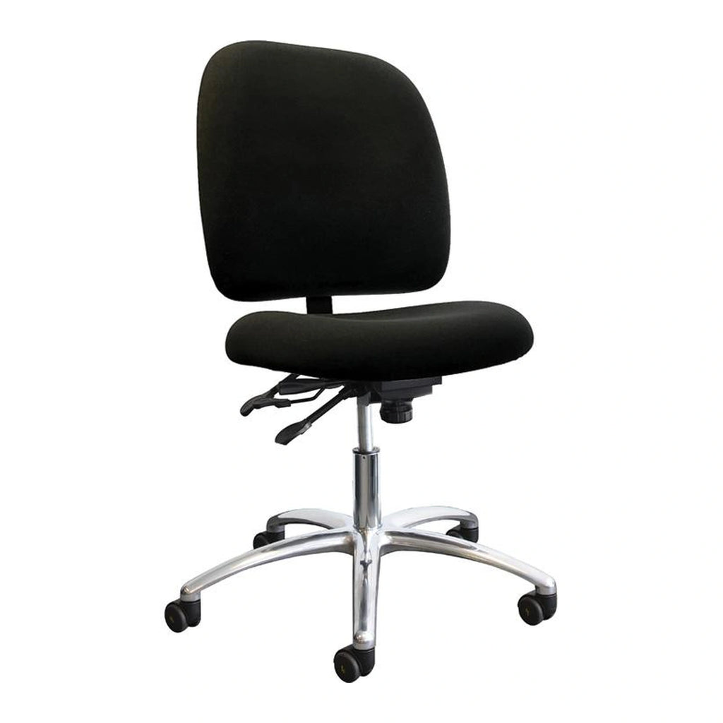 Chaise ESD Shoptech 400ESD-01 noire sans accoudoirs, vue de trois quarts sur base en aluminium à roulettes
