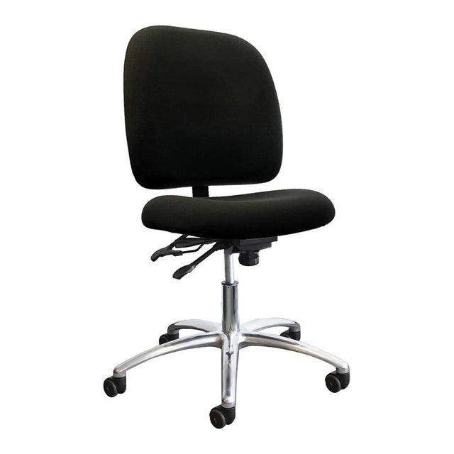 Chaise ESD Shoptech 400ESD-01 noire sans accoudoirs, vue de trois quarts sur base en aluminium à roulettes