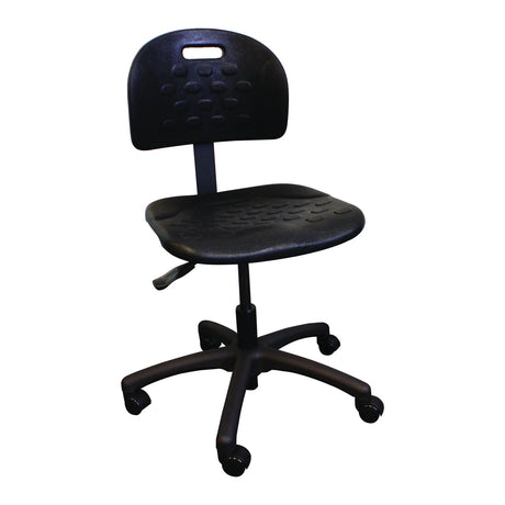 Chaise Shoptech 2000 en polyuréthane noir, vue de face en biais, sans accoudoirs et sur roulettes