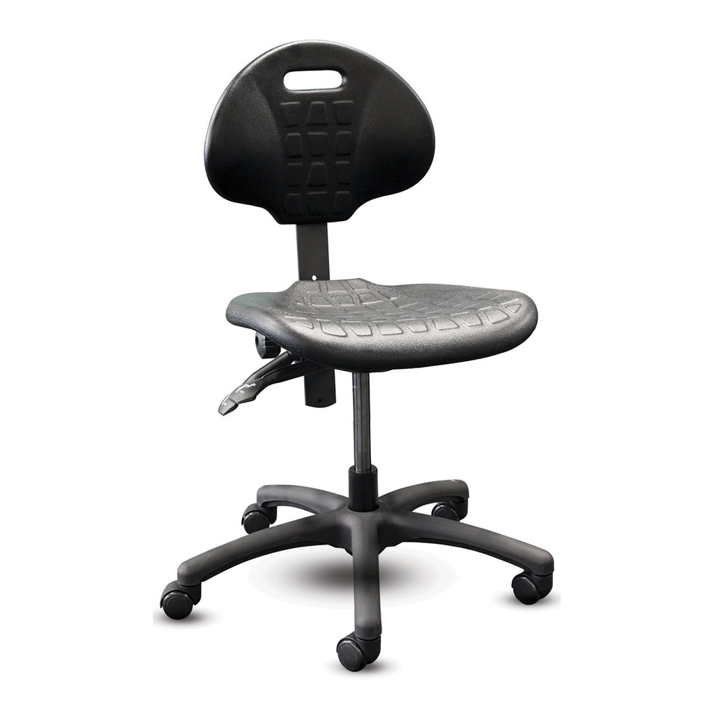Chaise Shoptech 2600-14 en polyuréthane noir, vue de face en biais, sans accoudoirs et sur roulettes