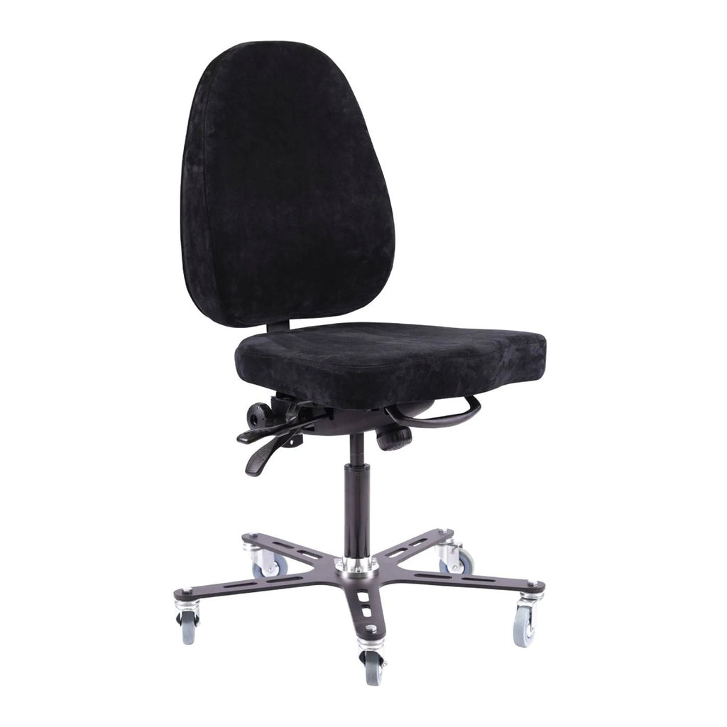 Black Synetik SF190 welding chair without armrests or a footrest, with a steel base and casters