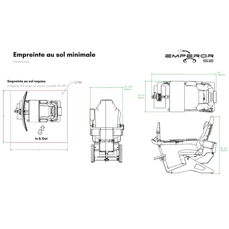 Schéma technique de l’Emperor S2 illustrant l’empreinte au sol minimale requise avec écran courbe de 49 pouces, dimensions en mm et configuration In & Out.