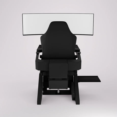 Vue arrière du poste de travail Emperor S2 avec grand écran incurvé et tablette latérale, en finition noire.