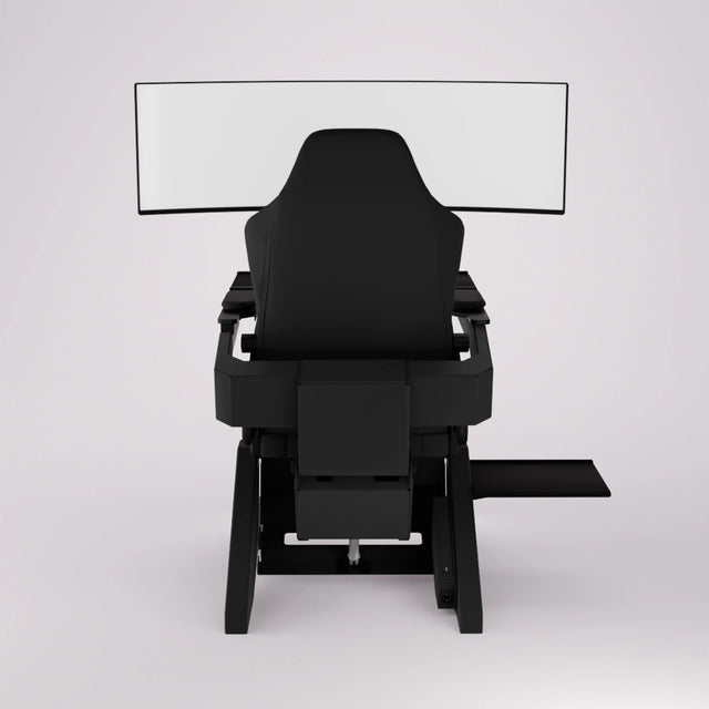 Vue arrière du poste de travail Emperor S2 avec grand écran incurvé et tablette latérale, en finition noire.