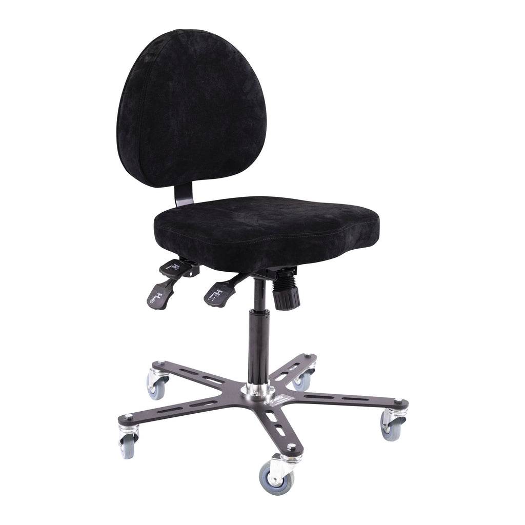 Chaise Synetik SF180 Soudure à revêtement noir, avec dossier rembourré et base métallique à cinq roulettes.