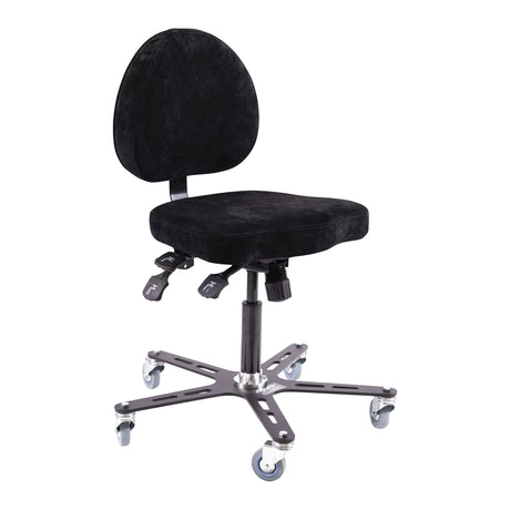Chaise Synetik SF180 Soudure à revêtement noir, avec dossier rembourré et base métallique à cinq roulettes.