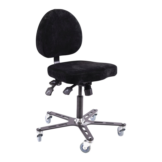 Chaise Synetik SF180 Soudure à revêtement noir, avec dossier rembourré et base métallique à cinq roulettes.